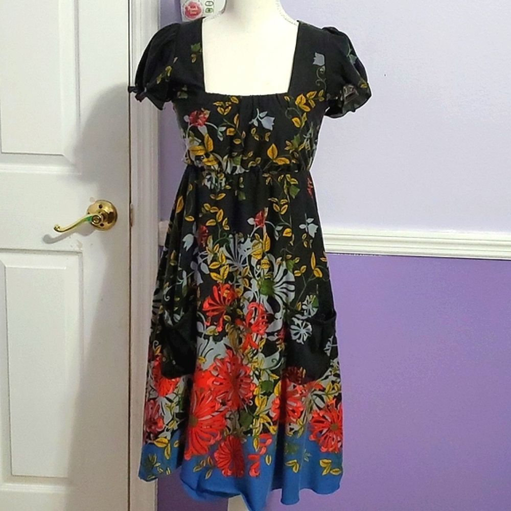Ice Silk VTG 90s Black Colorful Floral Flare Cottagecore Festival Midi Dress S